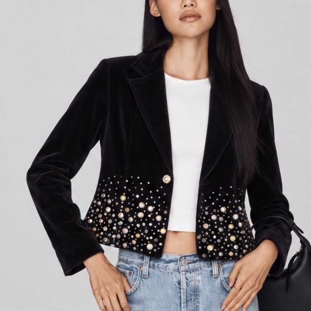 Rod's Western Glam Velvet Rhinestone Blazer Jacket Black Cotton Small Sparkle